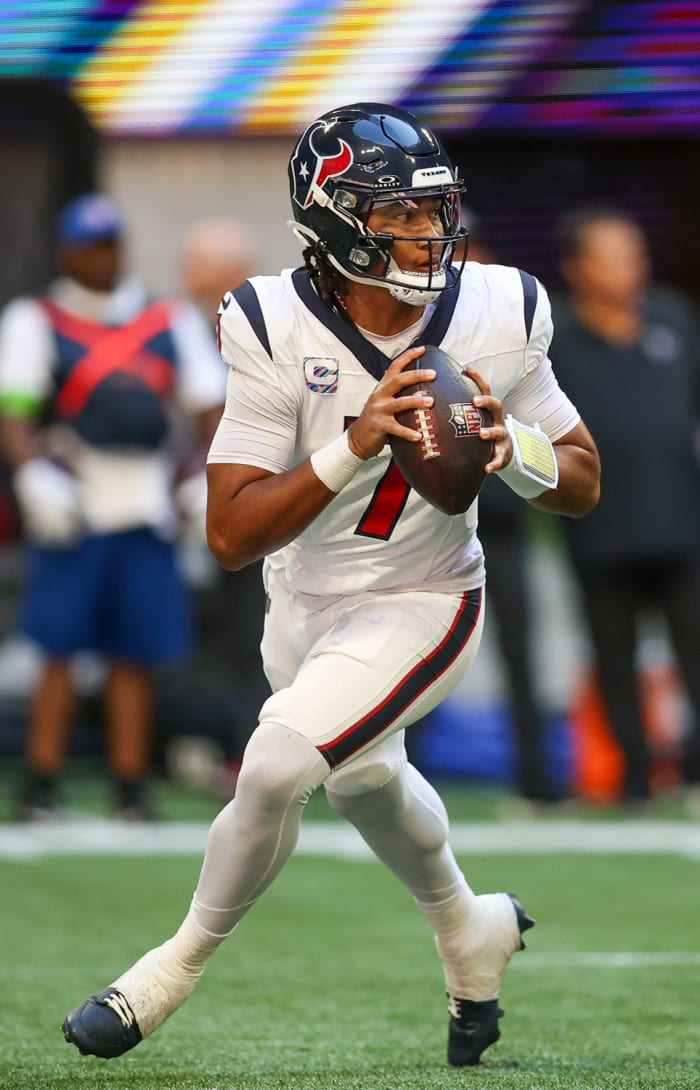 Oct 8, 2023; Atlanta, Georgia, USA; Houston Texans quarterback C.J. Stroud (7) drops back to pass against the Atlanta Falcons in the second half at Mercedes-Benz Stadium. Mandatory Credit: Brett Davis-USA TODAY Sports